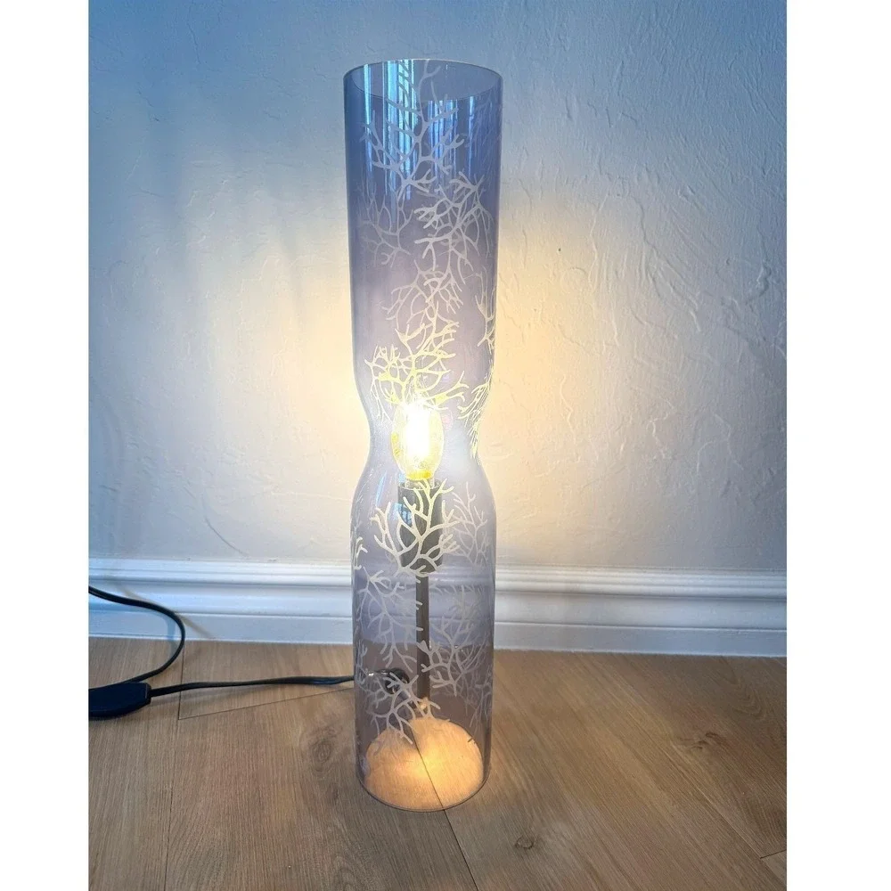 VTG 90's IKEA Smart Cylinder Table Lamp‎ Etched Blue Glass Coral Branches 18